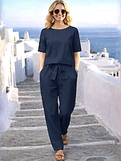 preiswerte Wesentliche Faux Co-ord Sets-Damen Hosen-Sets Bolero Kunstbaumwollleinen Kurzarm Rundhals Einfarbig Mode Streetwear Lässig Täglich Outdoor Blau Orange Grün Sommer Lässiger Schnitt