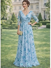 billige Gulvlengde-A-linje Kjoler Gulvlengde Gjestekjole til bryllup Formell kjole Aftenkjole Kjole til brudens mor Kortermet V-hals Elegant Enkel Utsmykket Formell Bryllupsgjest Bryllupsfest Chiffon Blonder med