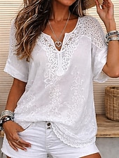 billiga Spets toppar-Dam Blus Spets Ensfärgat Stylish Ledigt Kortärmad V-hals Vanliga toppar Dagligen Blå Svart Vit Orange Grå Sommar Vår Höst