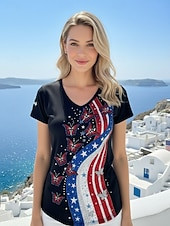  día de la independencia americana Mujer Camiseta Camiseta superior Estampado Floral Graphic Bandera estadounidense Elegante Clásico Casual Manga Corta Escote en Pico Tops regulares Diario Noche Azul