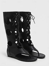 voordelige Vrouwen-Stoere zwarte gladiatorsandalen voor dames - platte kniehoge sandalen met vetersluiting, uitgesneden design en teenslipper, perfect voor muziekfestivals en zomerse raves. &amp;boho woestijnvakanties