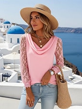 preiswerte Spitzenoberteile-Damen Bluse Spitzentops Langarm-Tops Patchwork Einfach Stilvoll Basic Klassisch Langarm Wasserfallausschnitt Normale Oberteile Täglich Ferien Ausgehen Schwarz Weiß Rosa Rote Marineblau Sommer Frühling
