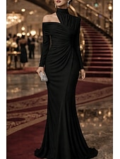 economico Abiti da Sera Sirena-Sirena Tromba Lunghezza al pavimento Abito da Sera Elegante Abito da sera stile impero Manica Lunga Collo Alto Festa serale Matrimonio Raso Elasticizzato con Pieghe Tinta unita