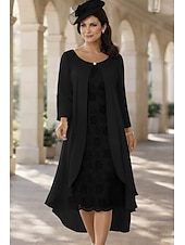 baratos Conjuntos de vestidos para mamãe-Duas Peças Linha A Longuette Vestido de convidada de casamento Vestido Para Mãe dos Noivos Manga Curta Decorado com Bijuteria Elegante Tamanhos Grandes Convidado do casamento Festa de Casamento