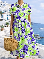 economico Vestito bianco-Per donna Abito Midi Abito Boho Misto lino Abito Camicia Vestito Estivo Elegante Bohemien Etnico Spiaggia Ferie Vestibilità regolare Floreale Grafico Manica Corta Colletto a Camicia Blu Giallo Rosso
