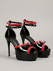 abordables Platform Sandals-Women's Black &amp; Red Platform Stiletto Heels, Studded Ankle Strap High Heel Sandals for Nightlife Party, Clubbing &amp; Bold Statement Looks