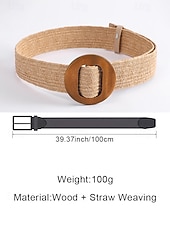 abordables Accesorios de vacaciones-Cinturón tejido bohemio para mujer con hebilla de madera vintage, cinturón de malla de paja para vestir, ideal para vacaciones de verano en la playa y uso diario informal, disponible en varios colores.