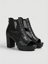 abordables Sandalias de Plataforma-Sandalias profesionales de tacón de malla negra para mujer - zapatos de oficina transpirables con tacón de bloque y cierre de cordones seguro en la parte delantera. &amp;Sandalias abiertas para el trabajo