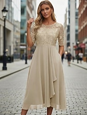billiga Chiffongklänningar-Dam Midiklänning Chiffongklänningar Spetsklänning Cocktail klänning Bröllopsgästklänning Elegant Formell Fest Bröllop Normal Halvlång ärm Rund hals Rodnande Rosa Guld Grön Mörkblå Sommar