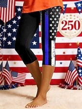  Calças capri femininas para o Dia da Independência dos EUA, leggings, moda férias, calças capri casuais de cintura alta, confortáveis e elásticas, para uso diário, férias e passeios na cidade, nas