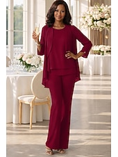 preiswerte Hosenanzüge für Mama-Overall Hosenanzug Bodenlang Brautmutterkleid Dreiviertelarm V Ausschnitt Elegant Hochzeitsgast Chiffon mit Rüschen