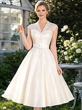 cheap Cocktail Dresses-A-Line Knee Length Cocktail Dresses Party Dresses 1950s Hot White Sleeveless V Neck Valentine's Day Wedding Guest Tulle with Sash / Ribbon