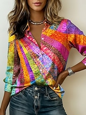  Femmes Chemise Chemise en satin Imprimé Graphique Bloc de Couleur Bohème ancien Élégant manche longue Col de chemise Hauts Réguliers Quotidien Fête Sortir Jaune Arc-en-ciel Été Printemps Automne