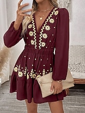 preiswerte Lässige Blumenkleider-Damen Minikleid Boho-Kleid Freizeitkleid Elegant Mode Modern Outdoor Urlaub Ausgehen Normale Passform Blumen Langarm V Ausschnitt Schwarz Wein Rote Grün Sommer Frühling