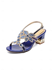 economico Madre della Sposa/Sposo-sandali da donna con tacco basso decorati blu - eleganti scarpe da mamma per matrimoni in chiesa, occasioni formali