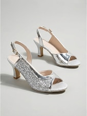 billiga 1920-talet &amp; Gatsby-eran-Damsandaler med glittriga silverpaljetter - eleganta klackskor i gatsby-stil från 1920-talet med peep toe och spegelblank finish för fester och art déco-evenemang under 20-talets heta år