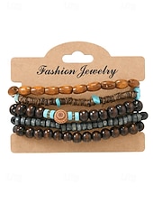 olcso Nyaralási kiegészítők-Férfi bohém, egymásra rakható fagyöngyös karkötő szett, többrétegű törzsi etikai csuklópánt türkiz díszítéssel, kézzel készített tengerparti nyaraláshoz és mindennapi használatra szánt ékszer férfiaknak