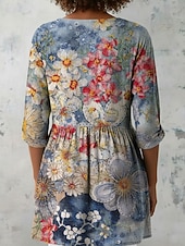  Damen Bluse Druck Blumen Urlaub Täglich Lässig Dreiviertelarm V Ausschnitt Normale Oberteile Täglich Ferien Ausgehen Blau Königsblau Purpur Grün Sommer Frühling Herbst