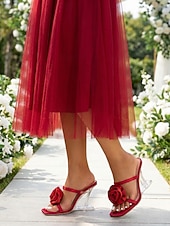 baratos Convidado do casamento-Sandálias femininas de salto transparente com detalhes de rosas vermelhas, sapatos elegantes para convidadas de casamento em casamentos ao ar livre, sandálias de salto aberto com salto transparente
