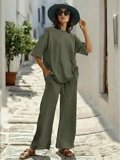 cheap Sets-15% Linen Women's Pants Sets Linen Sets Basic Pure Color Pocket Elastic Waist T Shirt Pant Daily Street Long Sleeve Crew Neck Blue Black White Navy Blue Light Brown Summer Spring