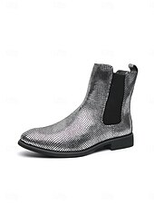 voordelige Heren-Metallic zilveren Chelsea boots voor heren met spitse neus, modieuze enkellaarsjes voor muziekfestivals, podiumoptredens, concerten, feestjes, streetstyle en opvallende mode-looks.
