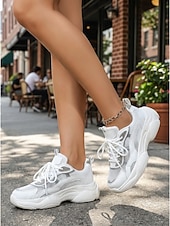 cheap Women's Sneakers-Women's Chic White Platform Sneakers - Comfortable Lace-up Canvas Shoes for Daily Walking, Casual Office Wear &amp; Urban Street Style