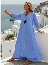 abordables Vestidos-Mujer Vestido largo maxi Vestido maxi Lino de algodón sintético Vestido de Camisa Vestido de verano Vestido Kaftan Vacaciones Básico Moderno Diario Fin de semana Holgado Plano Manga 3/4 Escote en Pico