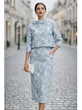 voordelige Jurkensets voor mama-Strak kolom Jurk pak Tot de enkel Feestjurk Cocktail jurk Bruiloft gast jurk Moeder van de bruid jurk 3/4 mouw Boothals Elegant Vintage Formeel Bruiloft gast Kentucky Derby Jacquard met Bloemenprint