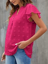 abordables T-shirt uni-Femmes Chemisier A Volants Couleur Unie Élégant Occasionnel Manche Courte Col en V Hauts Réguliers Quotidien Bleu Noir Blanche Rose Claire Fuchsia Été Printemps