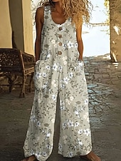 abordables Bas-Femmes Normal Combinaison Actif Fleuri Sans manches Jambe large Col en U Avec Poches Boutons Quotidien Vacances Coupe Ample Bleu Bleu Roi Vert Été