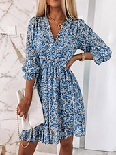 baratos Vestidos Boho-Mulheres Minivestido Vestido Boho Vestido antigo Vestido casual Vestido floral Elegante Moda Moderno Praia Férias Para Noite Normal Floral Meia Manga Decote V Azul Verde Cinzento Verão Primavera