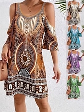 billige Boho-kjoler-Dame Mini kjole Boho-kjole Vintage kjole Uformell kjole Elegant Mote Moderne Feriereise Ut på byen Helg Normal Geometrisk Stamme Halvlange ermer V-hals Blå Lilla Brun Grønn Sommer Vår
