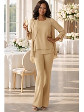 preiswerte Hosenanzüge für Mama-Overall Hosenanzug Bodenlang Brautmutterkleid Dreiviertelarm V Ausschnitt Elegant Hochzeitsgast Chiffon mit Rüschen