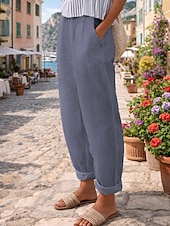 baratos Calças de Luxo-Mulheres Calças de linho de algodão chinês Calça verão Calças Férias Roupa de rua Básico Comprimento total Cintura Média Tecido Bolsos Confortável Conforto Respirável Sem Elasticidade Diário Ao ar