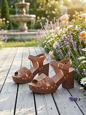 cheap Platform Sandals-Women's Burgundy Chunky Heel Sandals – Faux Leather Sandals with Buckle and Perforated Design for Casual Outings, Summer Parties and Everyday Wear