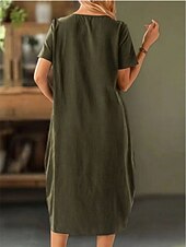 voordelige Jurken-Dames Halflange jurk Jurken met linnenlook Hemdjurk Zomerjurk Casual Dagelijks Normale pasvorm Effen Korte mouw Strakke ronde hals Marine Zwart Wit Leger Groen Zomer Lente Herfst