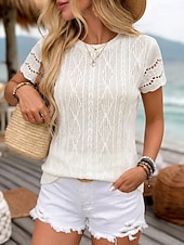 voordelige Effen t-shirt-Dames T-shirt Modieus Stijlvol Klassiek Korte mouw Strakke ronde hals Normale tops Dagelijks Weekend blauw Zwart Wit Abrikoos Zomer Lente