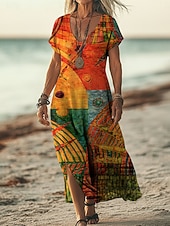 billige Etnisk Boho Kjole-Dame Maxikjole Boho-kjole Uformell kjole Kjole med A-linje Print kjole Årgang utendørs Feriereise Helg Løstsittende Fargeblokk Kortermet V-hals Regnbue Sommer Vår