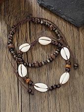 levne Dovolená příslušenství-Pánská sada bohémských náramků na kotník z mušlí cowrie a dřevěných korálků, 2 ks ručně vyráběných kmenových nastavitelných šperků na nohy pro letní dovolenou u pláže a každodenní nošení.