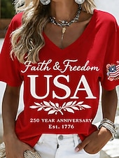 cheap Independence Day Top-American Independence Day Women's T Shirt Print Graphic Flag Vintage Stylish Classic Short Sleeve V Neck Regular Tops Daily Red Summer Spring