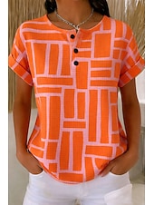 economico T-shirt a righe e geometrico-T-shirt waffle per donna a blocchi di colore con stampa a bottoni frontali grafica geometrica vintage elegante classica maniche corte a girocollo top regolari quotidiani rosa arancione beige estivo