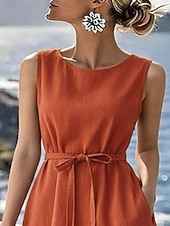 economico Vestiti-Per donna Abito Midi Finto cotone e lino Abito a trapezio Casual Quotidiano Vestibilità regolare Semplice Senza Maniche Girocollo Blu marino Arancione Beige Grigio Estate Primavera