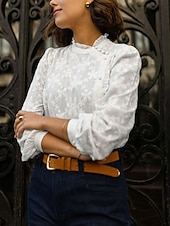 abordables Blusas Elegantes-Mujer Camisa Blusa Bordado Floral Elegante Clásico Moderno Manga Larga Escote Chino Tops regulares Diario Festivos Noche Blanco Verano Primavera