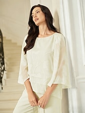 billige Topper til kvinner-Dame Tunika Bluse Blonde topper Blonde Asymetrisk kant Blomstret Elegant 3/4 ermer Klokke Crew-hals Vanlige topper Daglig Bryllupsgjest Beige Sommer Vår Høst