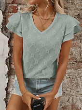 baratos Blusas Elegantes-Mulheres Camisa Social Topo de ilhó Blusa Patchwork Tecido à moda Clássico Moderno Manga Curta Decote V Tops regulares Diário Feriado Para Noite Preto Azul Céu Roxo Claro Laranja Verde Verão Primavera