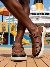 economico Uomini-Scarpe da uomo slip-on in pelle marrone per attività all'aperto – calzature casual per isole e crociere, ideali per viaggi, resort e avventure estive.