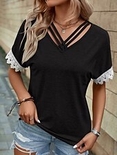 preiswerte Plain tee-Women's Shirt Blouse Lace Tops Patchwork Solid Color Stylish Classic Modern Short Sleeve V Neck Regular Tops Daily Holiday Going out Blue Black Wine Orange Gray Summer Spring