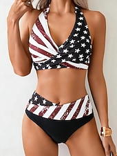  Mujer Bañadores Bikini Slips Traje de baño Vacaciones Moda Graphic Bandera Cuello halter Sin Mangas Trajes de baño