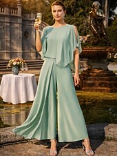 abordables Combinaisons pour maman-Combinaisons Longueur cheville Robe de Mère de Mariée  Sans manches Col Rond Élégant Fête Formel robe demoiselle d honneur Chiffon avec Perlage