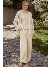 baratos Terninhos de calça da mamãe-Terninho Traje de 3 peças Longo Vestido Para Mãe dos Noivos Sem Manga Scoop pescoço Elegante Convidado do casamento Chiffon Renda Embrulho incluido com Lantejoulas